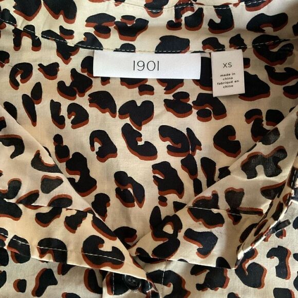 1901 Blouse Button Down Collar Leopard Print Tan Black Brown Long Sleeve XS - Picture 5 of 13